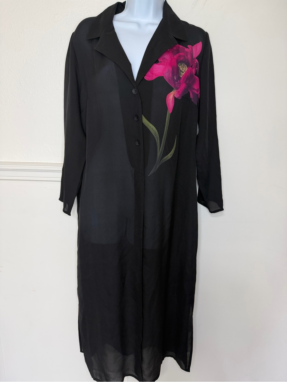 TESS Black Silk Button-Front Dress with Pink Floral Detail M